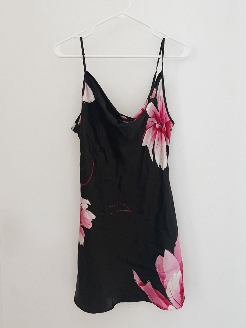 *Rare Find* La Vie En Rose Black Satin Slip Dress with Pink Floral Print